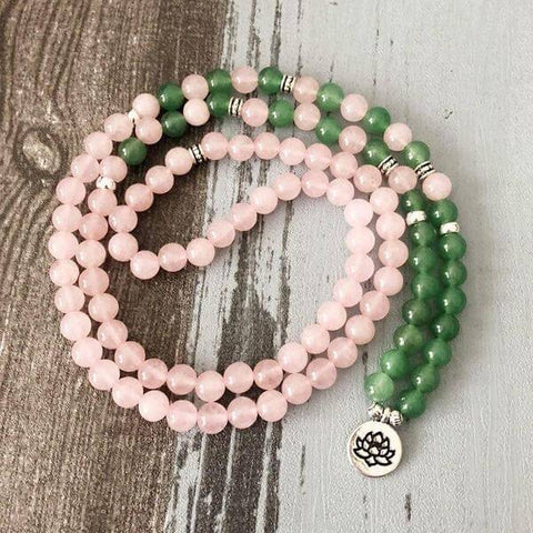 Collier 108 perles Aventurine verte Quart rose Symbole Fleur de Lotus