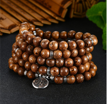 Bracelet mala tibétain 108 perles en bois avec fleur Lotus