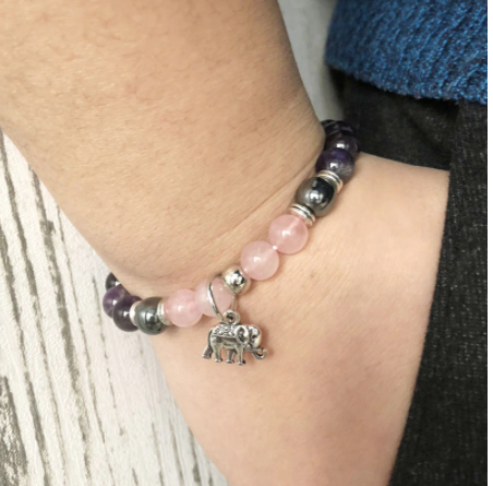 Bracelet éléphant en améthyste et Quartz Rose