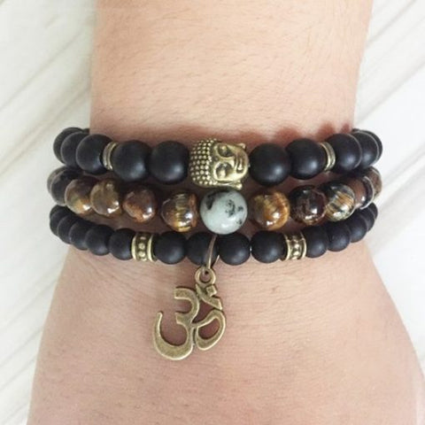 bracelets Prospérité - Om & Buddha Onyx & Œil de tigres Set de 3 Bracelets