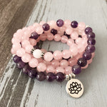 Bracelet Mala Fleur de Lotus 108 perles en quartz rose et améthyste