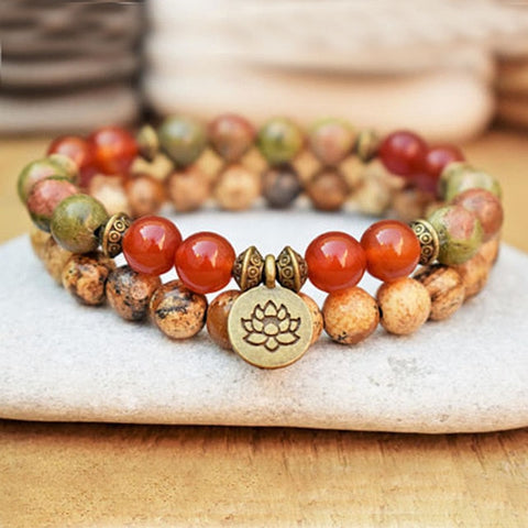 Double Bracelet "Changement Positif" en Unakite, Jaspe Paysage et Cornaline, MOTIF : FLEUR DE LOTUS, OM ou BOUDDHA