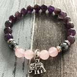 Bracelet éléphant en améthyste et Quartz Rose