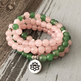 Bracelet 108 perles Aventurine verte Quart rose Symbole Fleur de Lotus